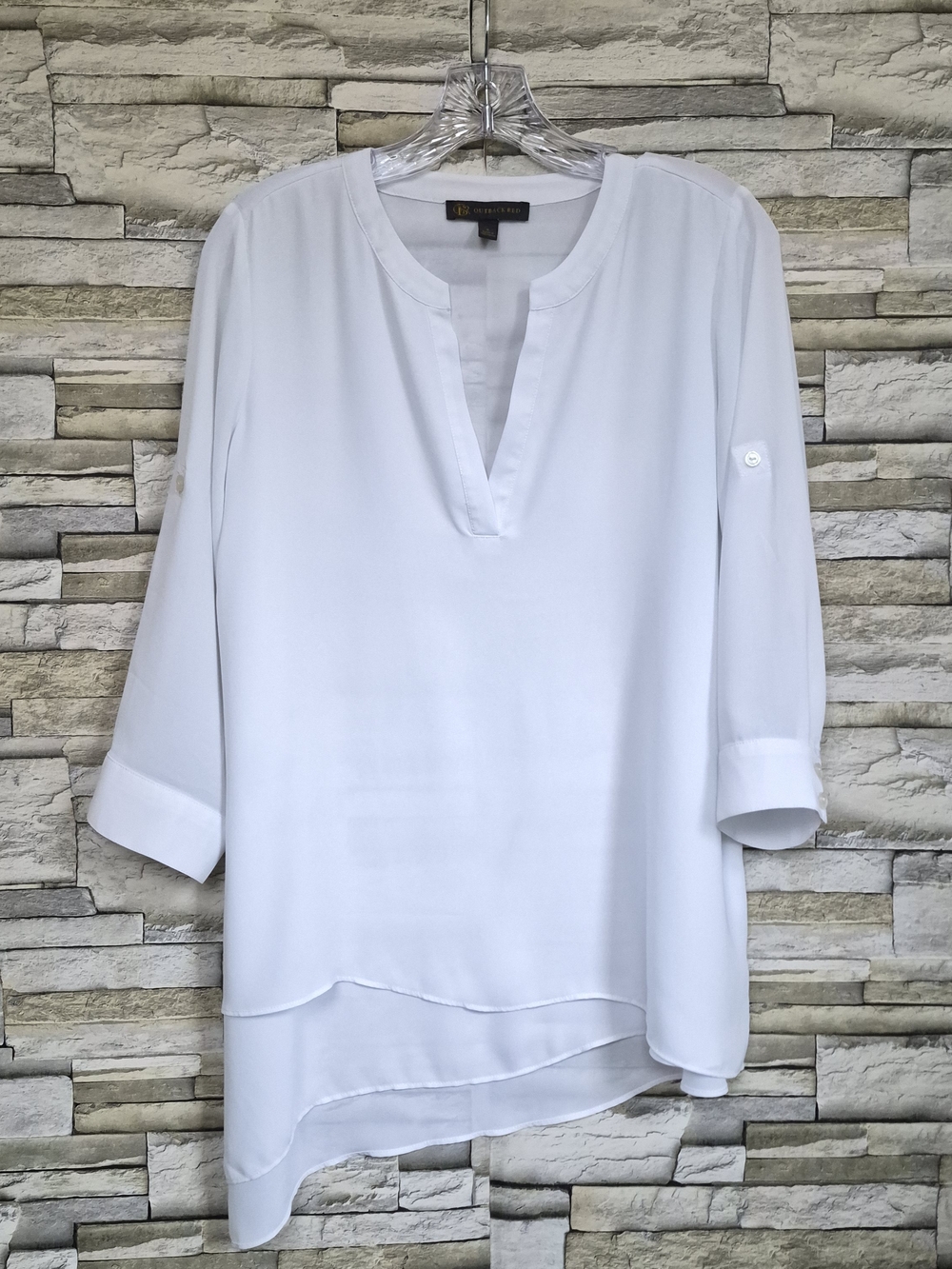 Outback Red Chiffon Blouse Women's Small White Asymmetrical 3/4 Roll Sleeve